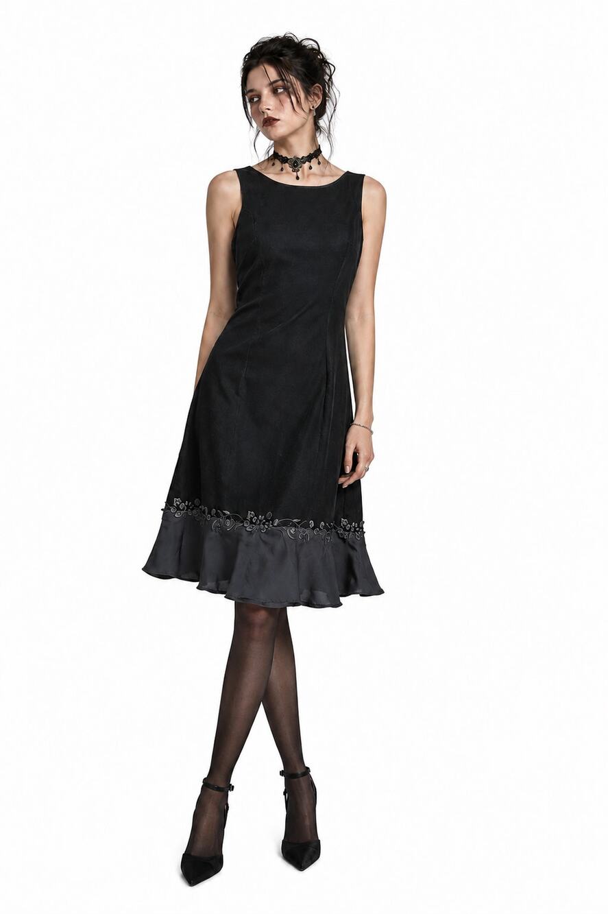 VTG Jessica Howard Dress 14 Black Velvet-Burnout Sheer Floral Whimsigoth Fairy